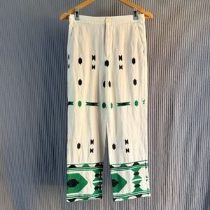 Embroidered Linen Blend Zara Women Straight Leg Pants White Green Small